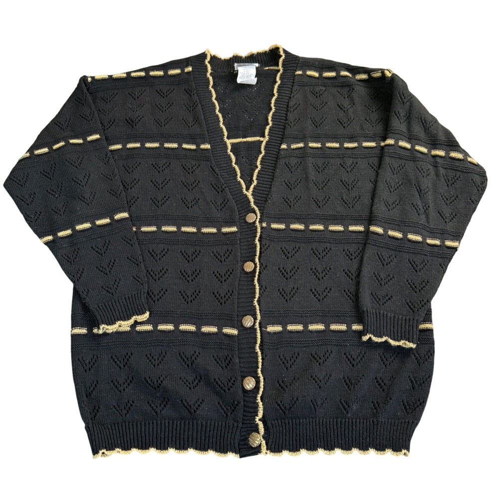 Blair Boutique 90s Pointelle Cardigan Sweater Black Gold L Large Vintage Lurex